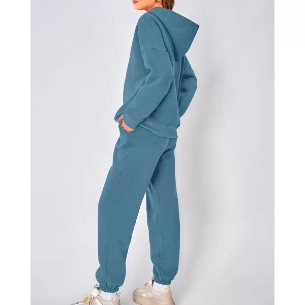 imageBTFBM Women 2 Piece Sweatsuits Long Sleeve Hooded Pullover Jogger Pants Fall Winter Casual Loose Lounge Sets TracksuitSolid Lake Blue