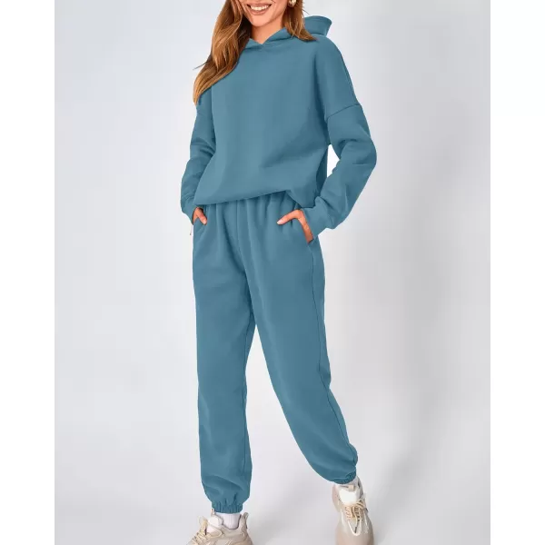 imageBTFBM Women 2 Piece Sweatsuits Long Sleeve Hooded Pullover Jogger Pants Fall Winter Casual Loose Lounge Sets TracksuitSolid Lake Blue