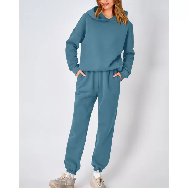 imageBTFBM Women 2 Piece Sweatsuits Long Sleeve Hooded Pullover Jogger Pants Fall Winter Casual Loose Lounge Sets TracksuitSolid Lake Blue