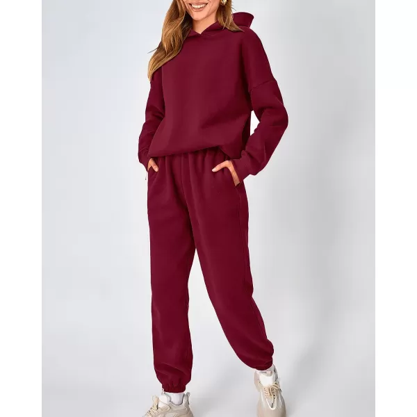 imageBTFBM Women 2 Piece Sweatsuits Long Sleeve Hooded Pullover Jogger Pants Fall Winter Casual Loose Lounge Sets TracksuitSolid Wine Red