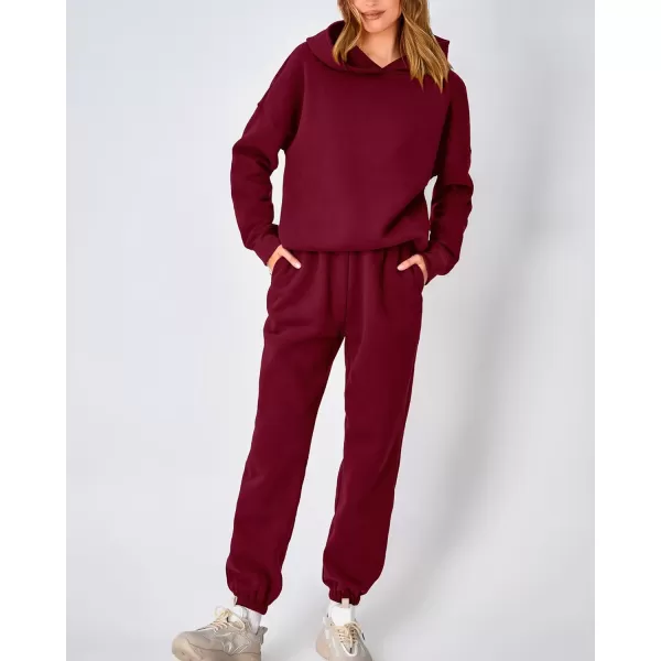 imageBTFBM Women 2 Piece Sweatsuits Long Sleeve Hooded Pullover Jogger Pants Fall Winter Casual Loose Lounge Sets TracksuitSolid Wine Red