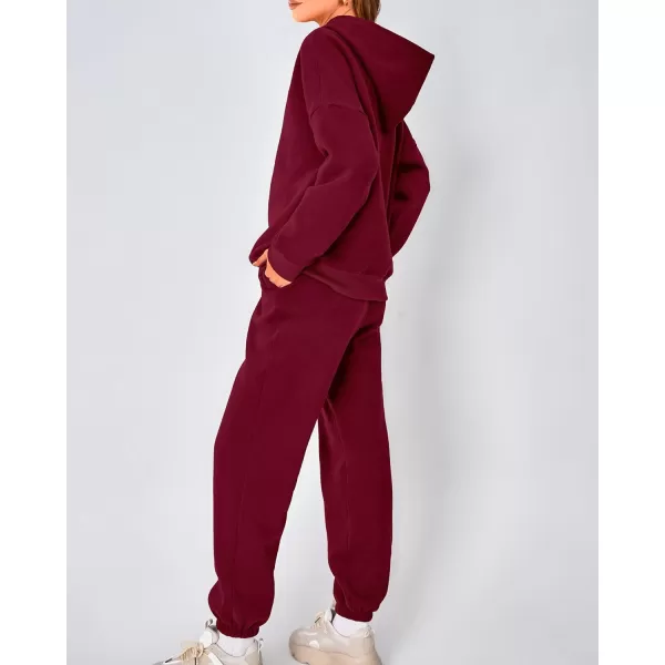 imageBTFBM Women 2 Piece Sweatsuits Long Sleeve Hooded Pullover Jogger Pants Fall Winter Casual Loose Lounge Sets TracksuitSolid Wine Red
