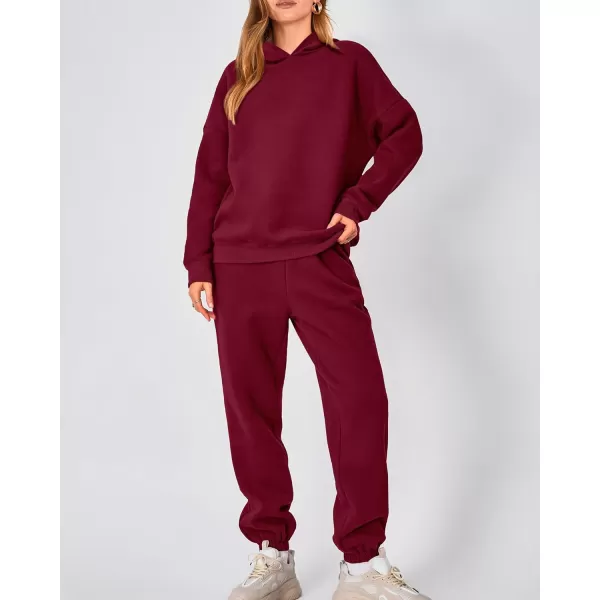imageBTFBM Women 2 Piece Sweatsuits Long Sleeve Hooded Pullover Jogger Pants Fall Winter Casual Loose Lounge Sets TracksuitSolid Wine Red