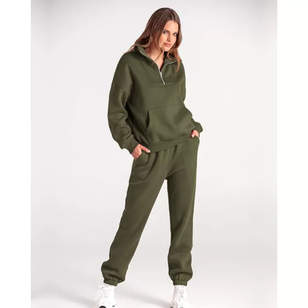 imageBTFBM Women 2 Piece Tracksuits Fall Winter 14 Zip Sweatshirt Jogger Pants Matching Lounge Sets Thick Sweatsuits PocketsSolid Army Green