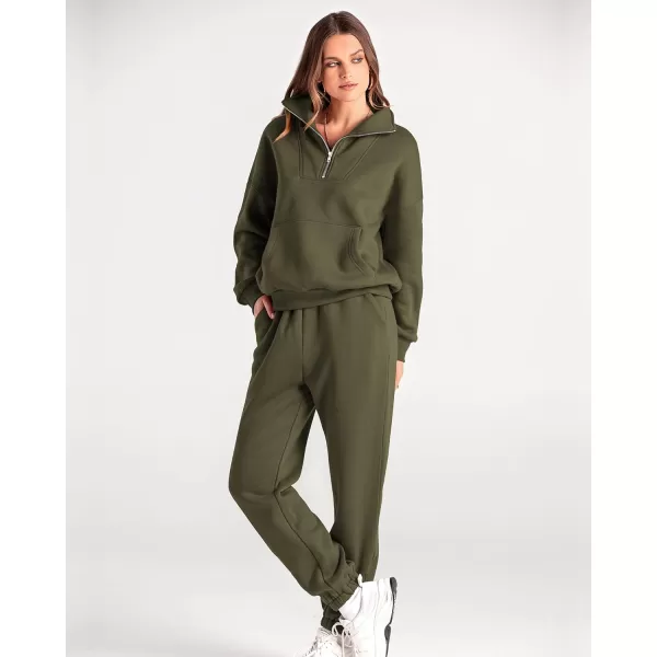 imageBTFBM Women 2 Piece Tracksuits Fall Winter 14 Zip Sweatshirt Jogger Pants Matching Lounge Sets Thick Sweatsuits PocketsSolid Army Green