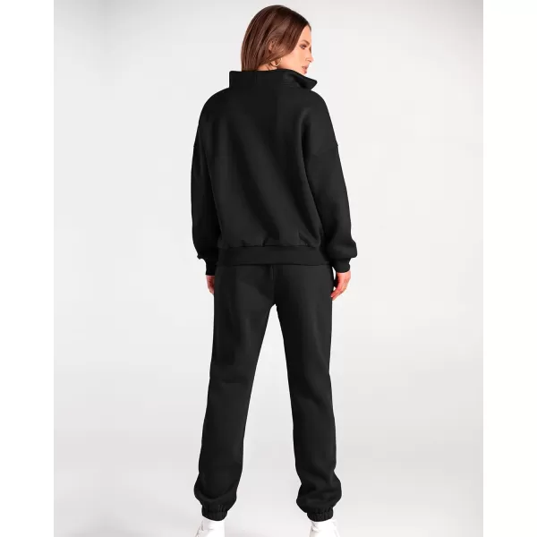 imageBTFBM Women 2 Piece Tracksuits Fall Winter 14 Zip Sweatshirt Jogger Pants Matching Lounge Sets Thick Sweatsuits PocketsSolid Black
