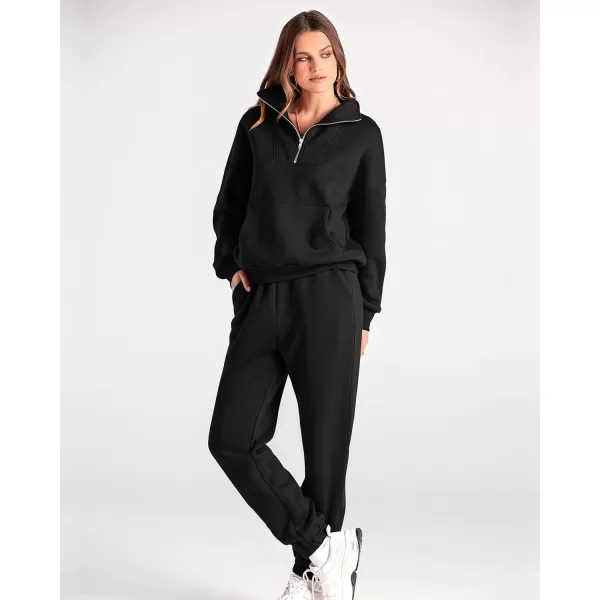 imageBTFBM Women 2 Piece Tracksuits Fall Winter 14 Zip Sweatshirt Jogger Pants Matching Lounge Sets Thick Sweatsuits PocketsSolid Black