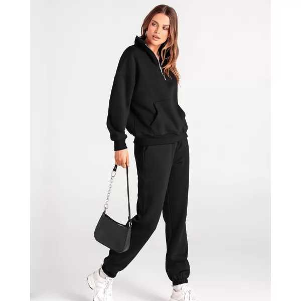 imageBTFBM Women 2 Piece Tracksuits Fall Winter 14 Zip Sweatshirt Jogger Pants Matching Lounge Sets Thick Sweatsuits PocketsSolid Black