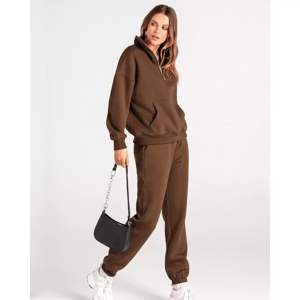 imageBTFBM Women 2 Piece Tracksuits Fall Winter 14 Zip Sweatshirt Jogger Pants Matching Lounge Sets Thick Sweatsuits PocketsSolid Brown