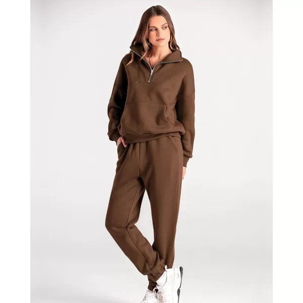 imageBTFBM Women 2 Piece Tracksuits Fall Winter 14 Zip Sweatshirt Jogger Pants Matching Lounge Sets Thick Sweatsuits PocketsSolid Brown