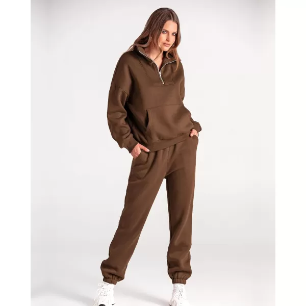 imageBTFBM Women 2 Piece Tracksuits Fall Winter 14 Zip Sweatshirt Jogger Pants Matching Lounge Sets Thick Sweatsuits PocketsSolid Brown