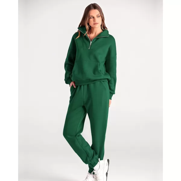 imageBTFBM Women 2 Piece Tracksuits Fall Winter 14 Zip Sweatshirt Jogger Pants Matching Lounge Sets Thick Sweatsuits PocketsSolid Dark Green