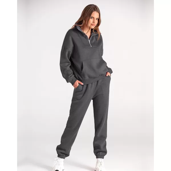 imageBTFBM Women 2 Piece Tracksuits Fall Winter 14 Zip Sweatshirt Jogger Pants Matching Lounge Sets Thick Sweatsuits PocketsSolid Dark Grey