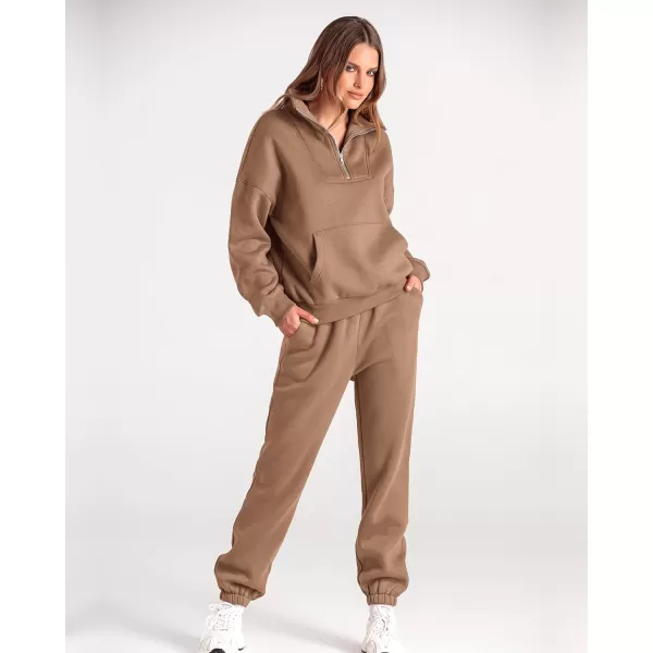 imageBTFBM Women 2 Piece Tracksuits Fall Winter 14 Zip Sweatshirt Jogger Pants Matching Lounge Sets Thick Sweatsuits PocketsSolid Dark Khaki