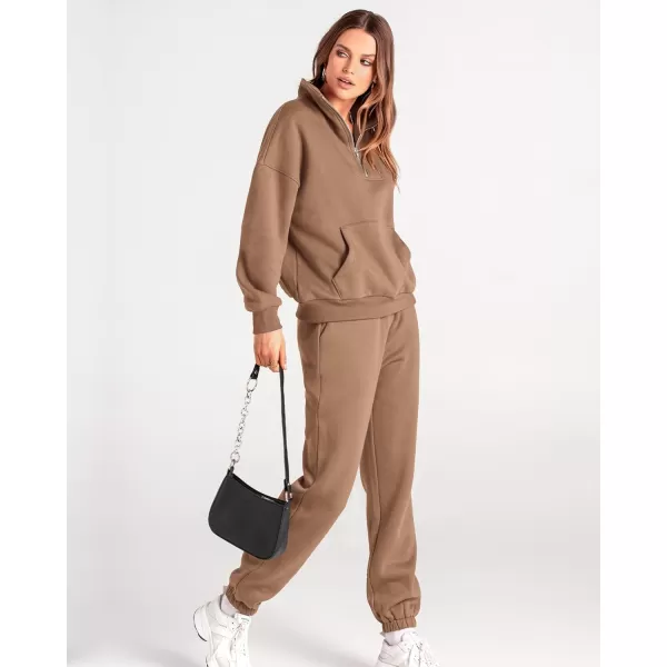 imageBTFBM Women 2 Piece Tracksuits Fall Winter 14 Zip Sweatshirt Jogger Pants Matching Lounge Sets Thick Sweatsuits PocketsSolid Dark Khaki