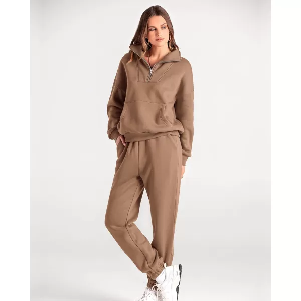 imageBTFBM Women 2 Piece Tracksuits Fall Winter 14 Zip Sweatshirt Jogger Pants Matching Lounge Sets Thick Sweatsuits PocketsSolid Dark Khaki