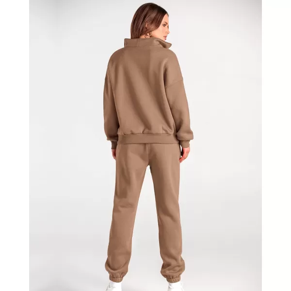 imageBTFBM Women 2 Piece Tracksuits Fall Winter 14 Zip Sweatshirt Jogger Pants Matching Lounge Sets Thick Sweatsuits PocketsSolid Dark Khaki