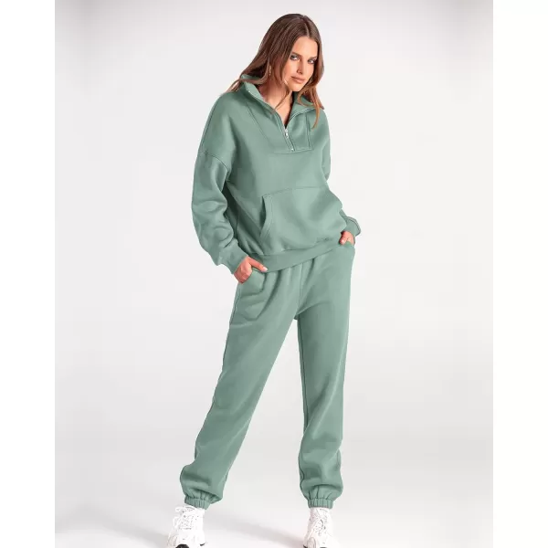 imageBTFBM Women 2 Piece Tracksuits Fall Winter 14 Zip Sweatshirt Jogger Pants Matching Lounge Sets Thick Sweatsuits PocketsSolid Light Green