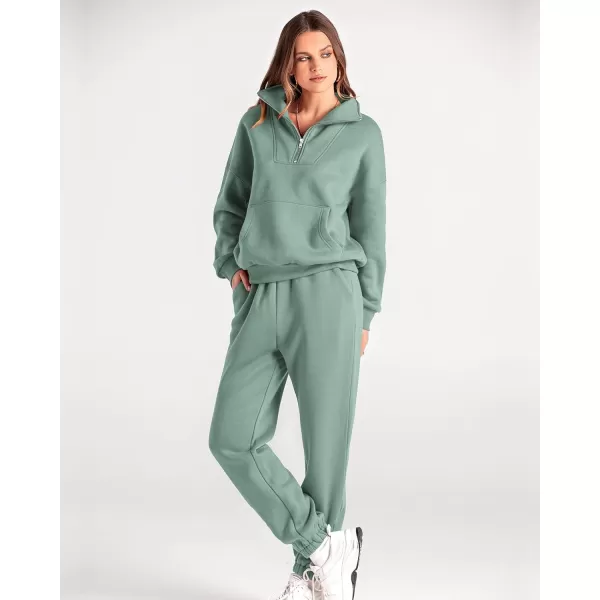 imageBTFBM Women 2 Piece Tracksuits Fall Winter 14 Zip Sweatshirt Jogger Pants Matching Lounge Sets Thick Sweatsuits PocketsSolid Light Green