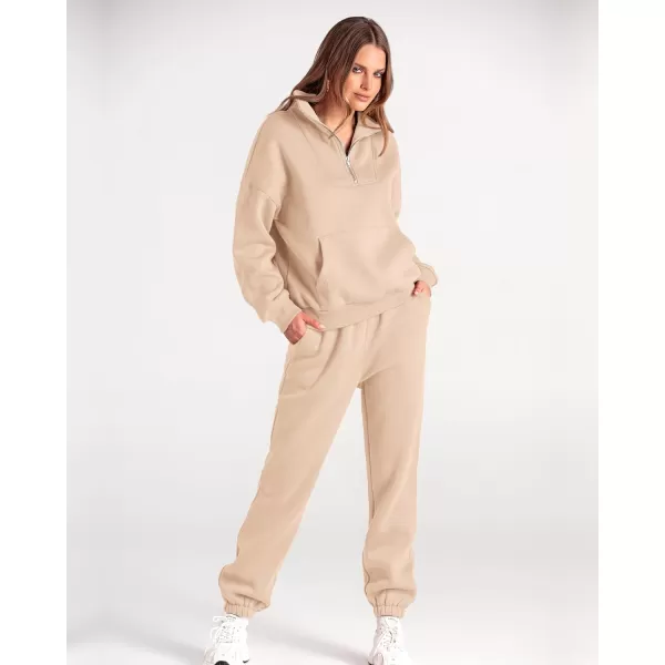 imageBTFBM Women 2 Piece Tracksuits Fall Winter 14 Zip Sweatshirt Jogger Pants Matching Lounge Sets Thick Sweatsuits PocketsSolid Light Khaki