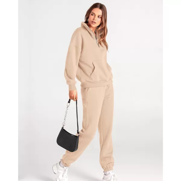 imageBTFBM Women 2 Piece Tracksuits Fall Winter 14 Zip Sweatshirt Jogger Pants Matching Lounge Sets Thick Sweatsuits PocketsSolid Light Khaki