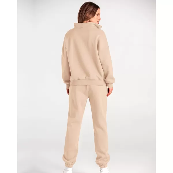 imageBTFBM Women 2 Piece Tracksuits Fall Winter 14 Zip Sweatshirt Jogger Pants Matching Lounge Sets Thick Sweatsuits PocketsSolid Light Khaki