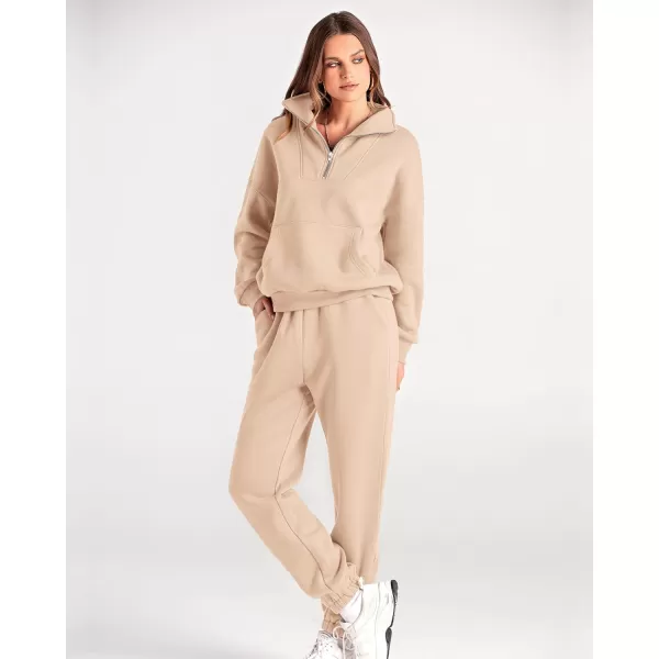 imageBTFBM Women 2 Piece Tracksuits Fall Winter 14 Zip Sweatshirt Jogger Pants Matching Lounge Sets Thick Sweatsuits PocketsSolid Light Khaki