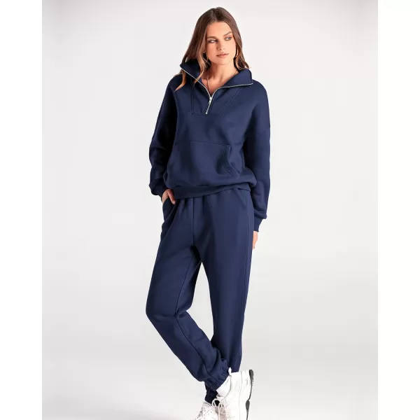 imageBTFBM Women 2 Piece Tracksuits Fall Winter 14 Zip Sweatshirt Jogger Pants Matching Lounge Sets Thick Sweatsuits PocketsSolid Navy