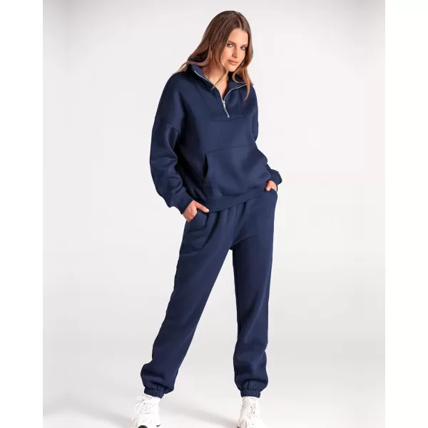 imageBTFBM Women 2 Piece Tracksuits Fall Winter 14 Zip Sweatshirt Jogger Pants Matching Lounge Sets Thick Sweatsuits PocketsSolid Navy