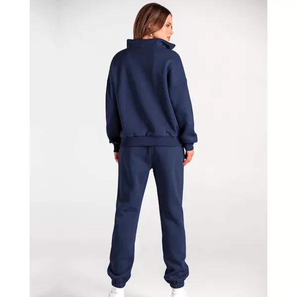 imageBTFBM Women 2 Piece Tracksuits Fall Winter 14 Zip Sweatshirt Jogger Pants Matching Lounge Sets Thick Sweatsuits PocketsSolid Navy