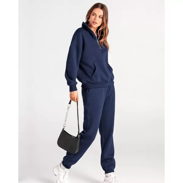imageBTFBM Women 2 Piece Tracksuits Fall Winter 14 Zip Sweatshirt Jogger Pants Matching Lounge Sets Thick Sweatsuits PocketsSolid Navy