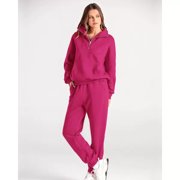 imageBTFBM Women 2 Piece Tracksuits Fall Winter 14 Zip Sweatshirt Jogger Pants Matching Lounge Sets Thick Sweatsuits PocketsSolid Rose Red
