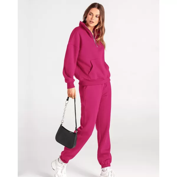 imageBTFBM Women 2 Piece Tracksuits Fall Winter 14 Zip Sweatshirt Jogger Pants Matching Lounge Sets Thick Sweatsuits PocketsSolid Rose Red
