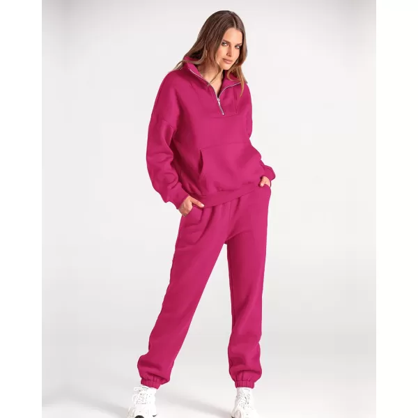 imageBTFBM Women 2 Piece Tracksuits Fall Winter 14 Zip Sweatshirt Jogger Pants Matching Lounge Sets Thick Sweatsuits PocketsSolid Rose Red