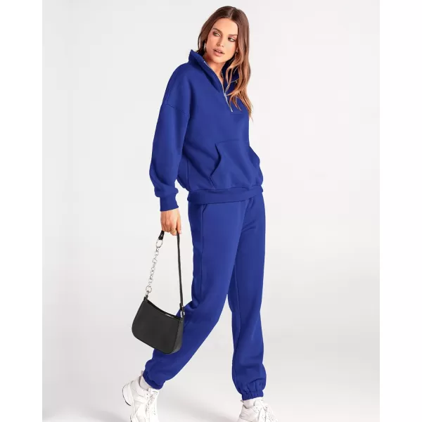 imageBTFBM Women 2 Piece Tracksuits Fall Winter 14 Zip Sweatshirt Jogger Pants Matching Lounge Sets Thick Sweatsuits PocketsSolid Royal Blue