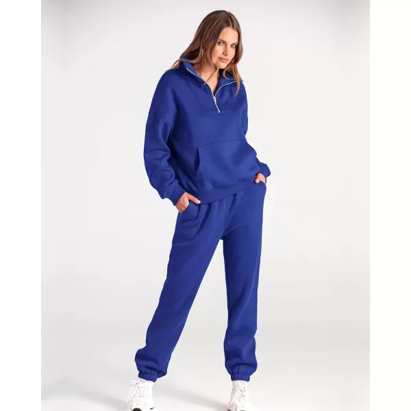 imageBTFBM Women 2 Piece Tracksuits Fall Winter 14 Zip Sweatshirt Jogger Pants Matching Lounge Sets Thick Sweatsuits PocketsSolid Royal Blue