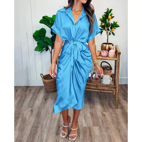 imageBTFBM Women 2023 Button Down Ruched Shirt Dresses Short Sleeve Lapel V Neck Elegant Party Spring Summer Maxi Satin DressShort Sleeve Aqua Blue
