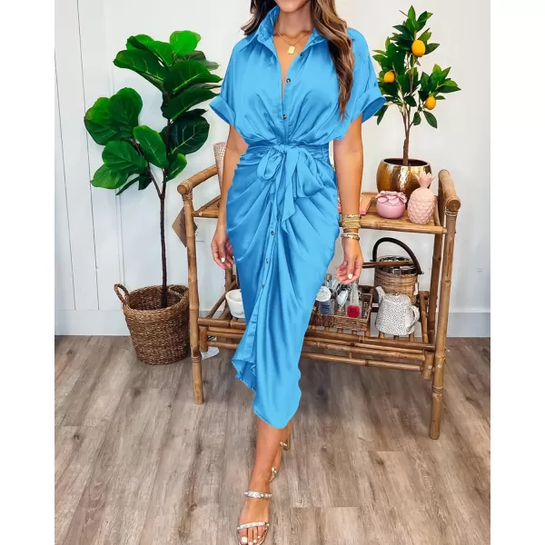 imageBTFBM Women 2023 Button Down Ruched Shirt Dresses Short Sleeve Lapel V Neck Elegant Party Spring Summer Maxi Satin DressShort Sleeve Aqua Blue