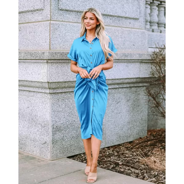 imageBTFBM Women 2023 Button Down Ruched Shirt Dresses Short Sleeve Lapel V Neck Elegant Party Spring Summer Maxi Satin DressShort Sleeve Aqua Blue
