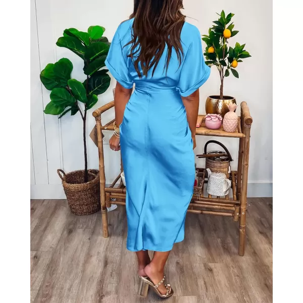 imageBTFBM Women 2023 Button Down Ruched Shirt Dresses Short Sleeve Lapel V Neck Elegant Party Spring Summer Maxi Satin DressShort Sleeve Aqua Blue