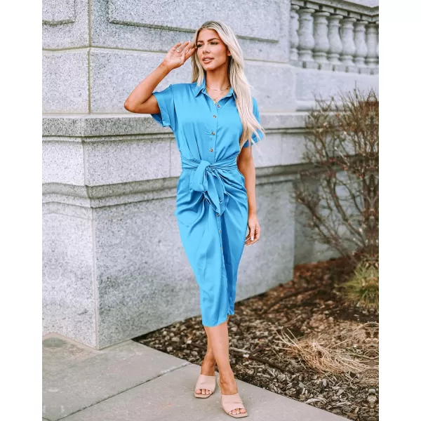 imageBTFBM Women 2023 Button Down Ruched Shirt Dresses Short Sleeve Lapel V Neck Elegant Party Spring Summer Maxi Satin DressShort Sleeve Aqua Blue