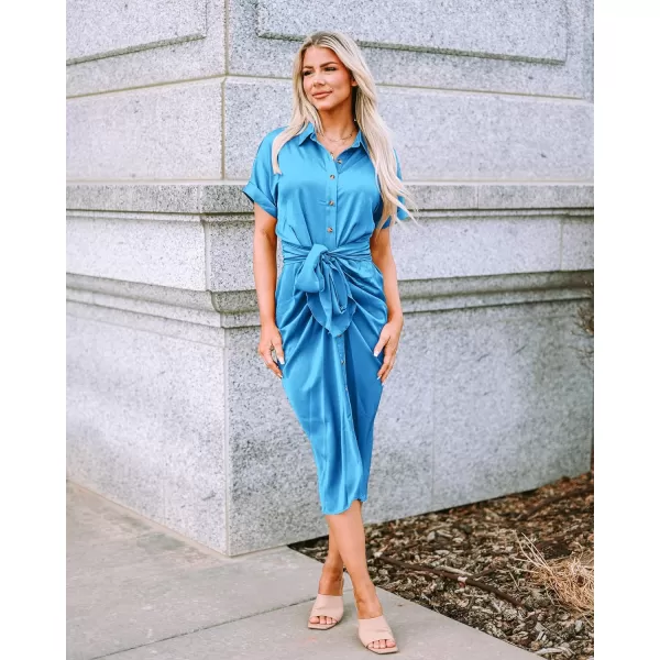 imageBTFBM Women 2023 Button Down Ruched Shirt Dresses Short Sleeve Lapel V Neck Elegant Party Spring Summer Maxi Satin DressShort Sleeve Aqua Blue