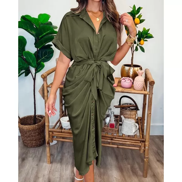 imageBTFBM Women 2023 Button Down Ruched Shirt Dresses Short Sleeve Lapel V Neck Elegant Party Spring Summer Maxi Satin DressShort Sleeve Army Green