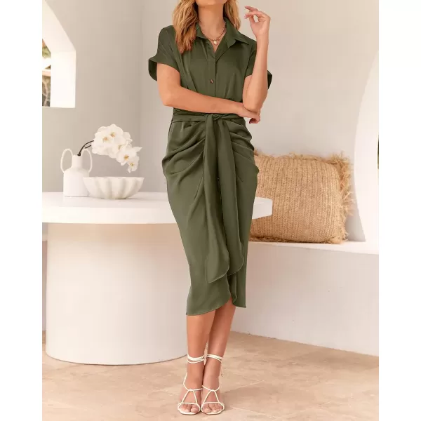 imageBTFBM Women 2023 Button Down Ruched Shirt Dresses Short Sleeve Lapel V Neck Elegant Party Spring Summer Maxi Satin DressShort Sleeve Army Green