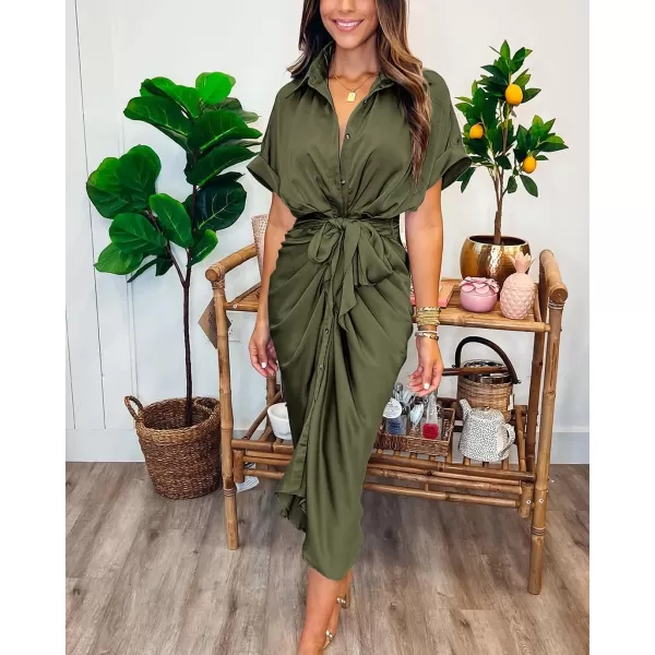 imageBTFBM Women 2023 Button Down Ruched Shirt Dresses Short Sleeve Lapel V Neck Elegant Party Spring Summer Maxi Satin DressShort Sleeve Army Green