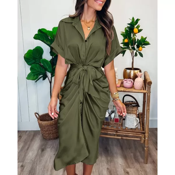 imageBTFBM Women 2023 Button Down Ruched Shirt Dresses Short Sleeve Lapel V Neck Elegant Party Spring Summer Maxi Satin DressShort Sleeve Army Green