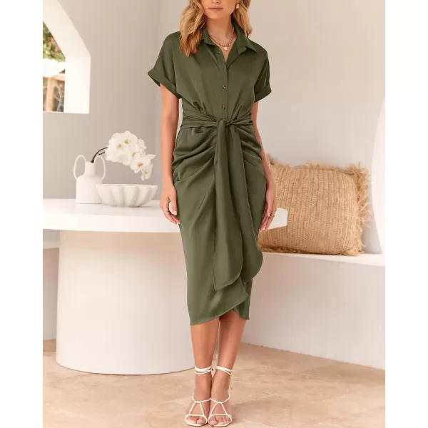imageBTFBM Women 2023 Button Down Ruched Shirt Dresses Short Sleeve Lapel V Neck Elegant Party Spring Summer Maxi Satin DressShort Sleeve Army Green