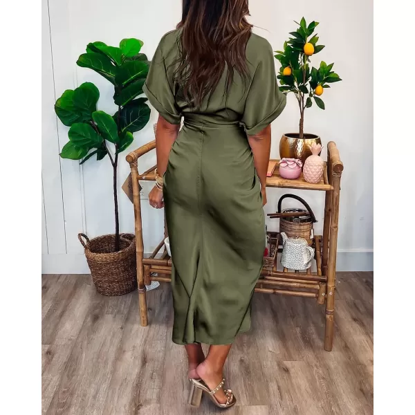 imageBTFBM Women 2023 Button Down Ruched Shirt Dresses Short Sleeve Lapel V Neck Elegant Party Spring Summer Maxi Satin DressShort Sleeve Army Green