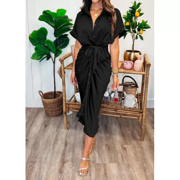 imageBTFBM Women 2023 Button Down Ruched Shirt Dresses Short Sleeve Lapel V Neck Elegant Party Spring Summer Maxi Satin DressShort Sleeve Black