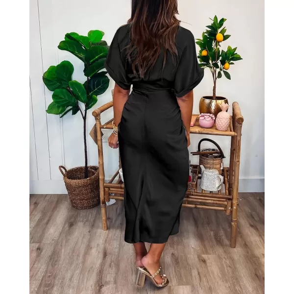 imageBTFBM Women 2023 Button Down Ruched Shirt Dresses Short Sleeve Lapel V Neck Elegant Party Spring Summer Maxi Satin DressShort Sleeve Black